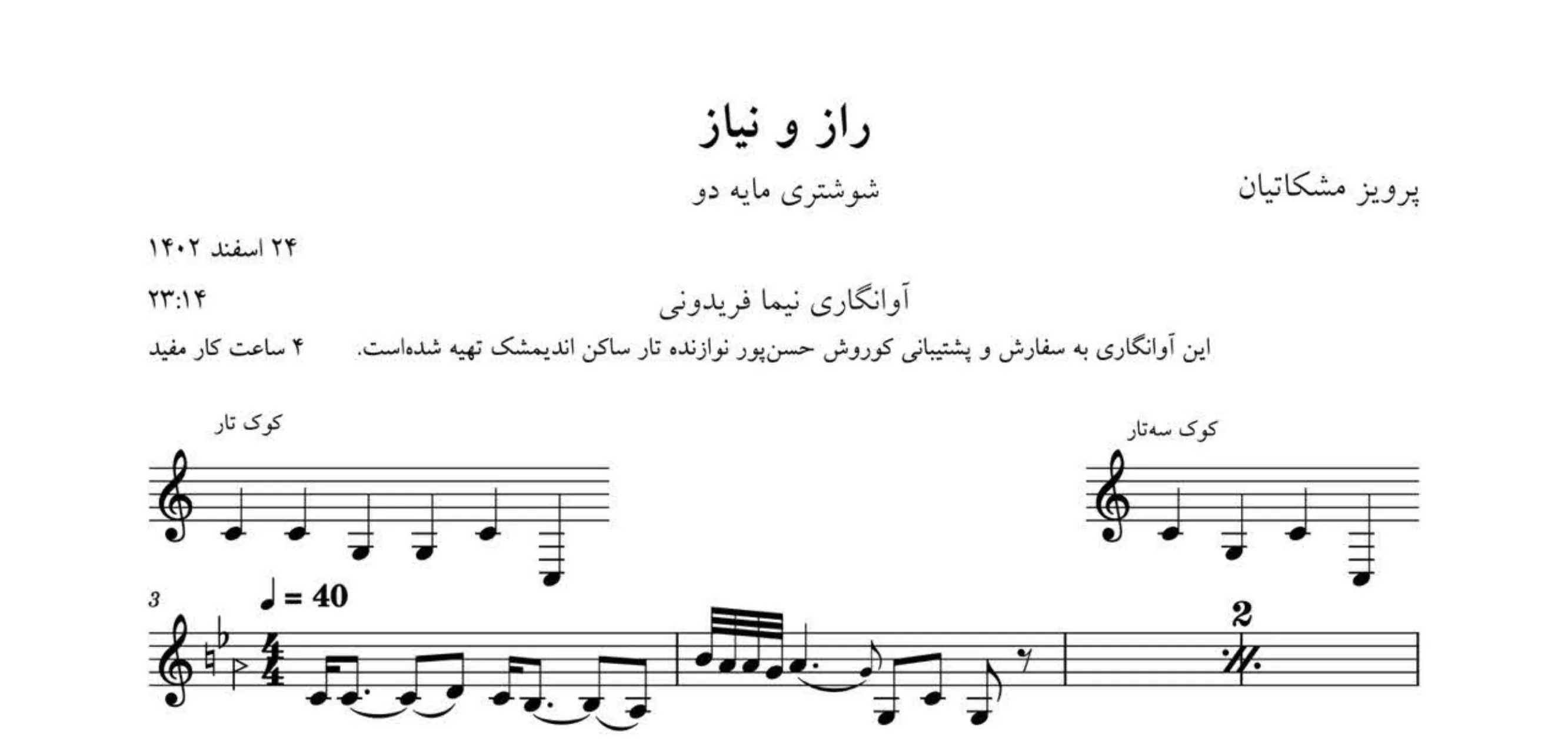نت راز و نیاز پرویز مشکاتیان آوانگاری نیما فریدونی